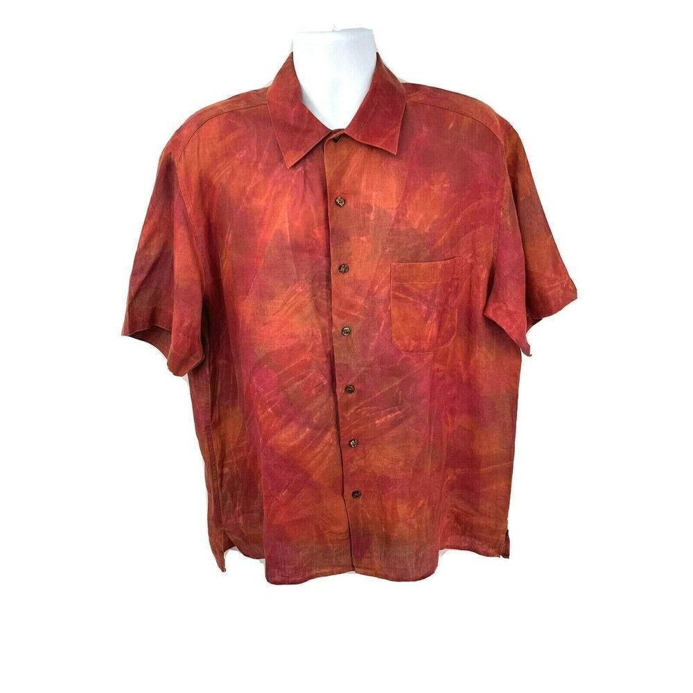 Gran Sasso Red Hawaiian Shirt 100%‎ Flax Size 54 Short Sleeves Button Up